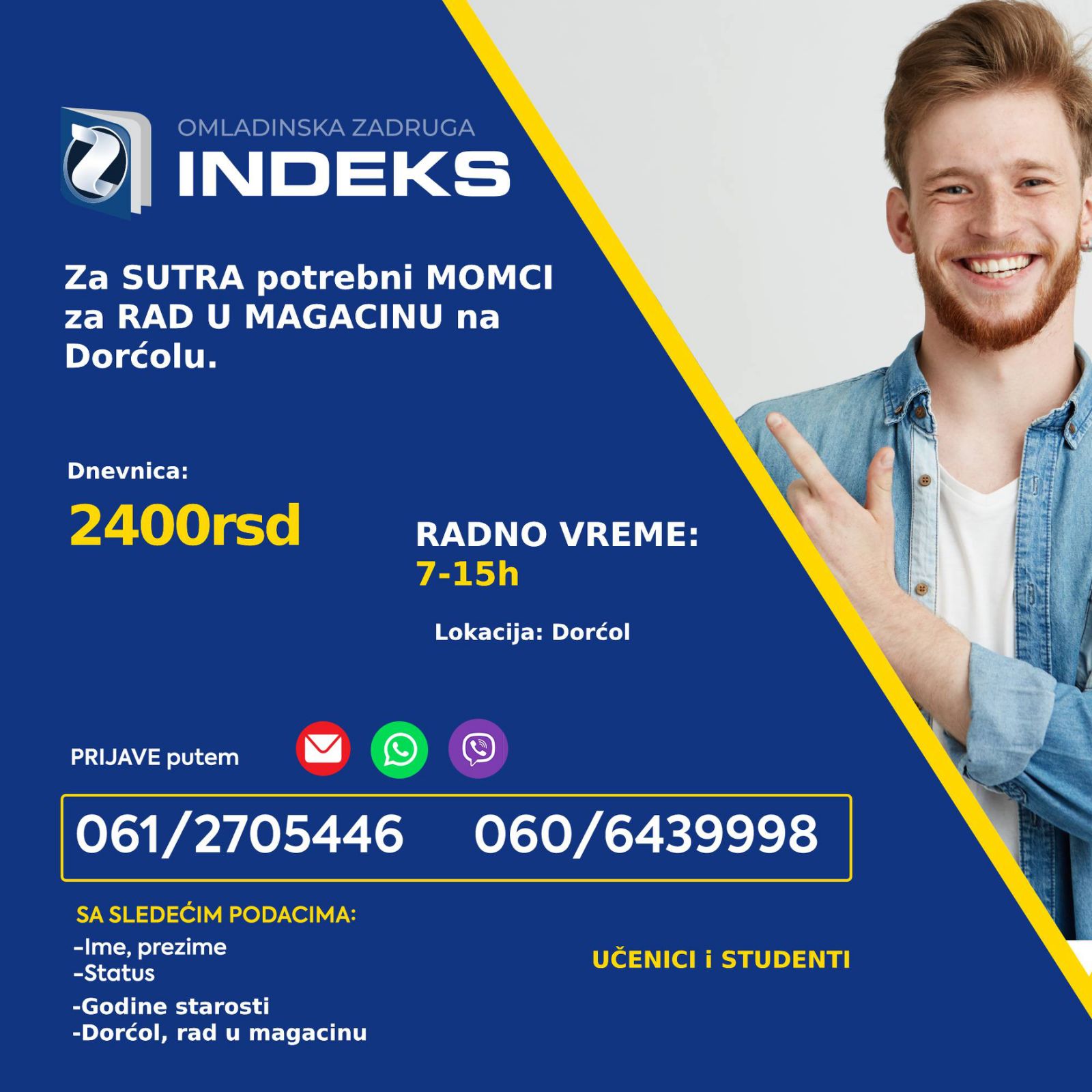 Dnevnica 2400rsd Lokacija Dorćol Radno vreme 7-15h 📞Prijave i više informacija putem viber/whatsapp/sms: 060/6439998 sa sledećim podacima: Ime, prezime; Status (student, srednjoškolac) Godine starosti Sa napomenom: Aroma, magacin