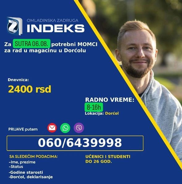 Dnevnica 2400rsd Lokacija Dorćol Radno vreme 8-16h 📞Prijave i više informacija putemm viber/whatsapp/sms: 060/6439998 sa sledećim podacima: Ime, prezime; Status (student, srednjoškolac) Godine starosti Sa napomenom: Aroma, deklarisanje